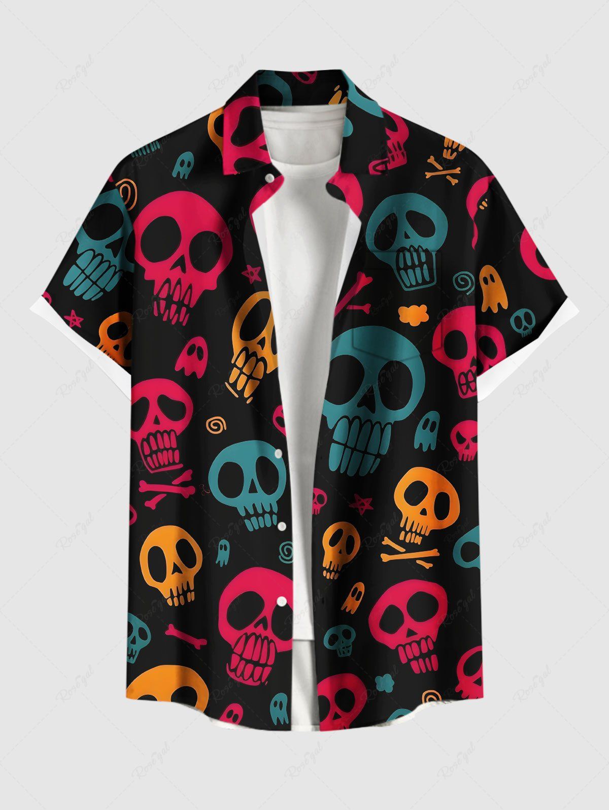 Chemise grande taille à imprimé tête de mort, étoile, os, Halloween, boutonnée et poche pour homme Noir 5XL