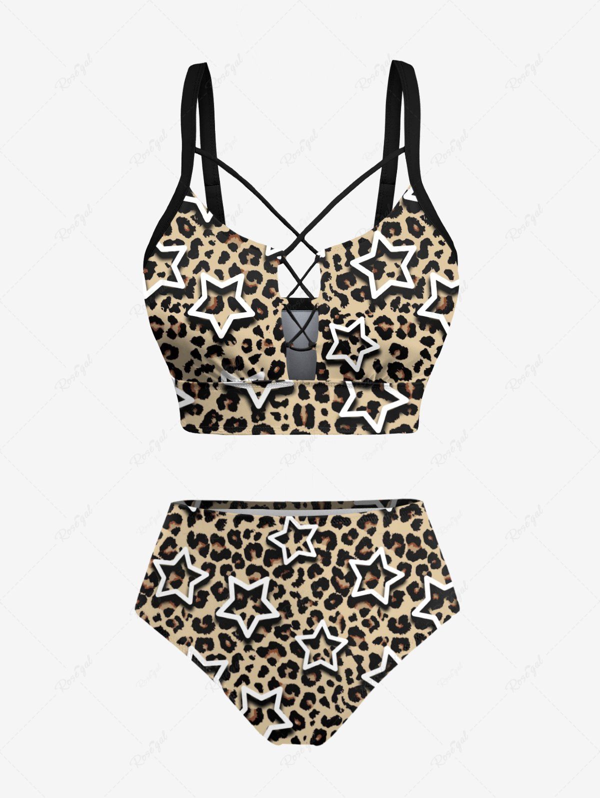 Fashion Leopard Stars Print Lace Up Tankini Swimsuit (Adjustable Shoulder Strap)  