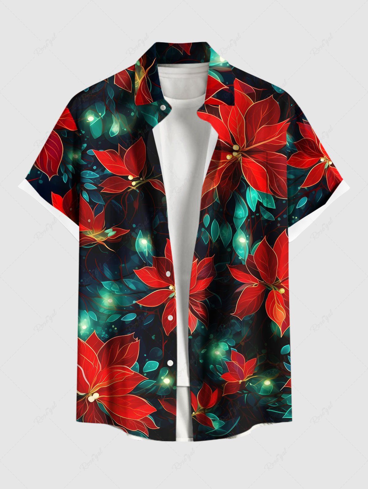 Fancy Plus Size Glitter Leaf Flower Print Hawaii Button Pocket Shirt For Men  