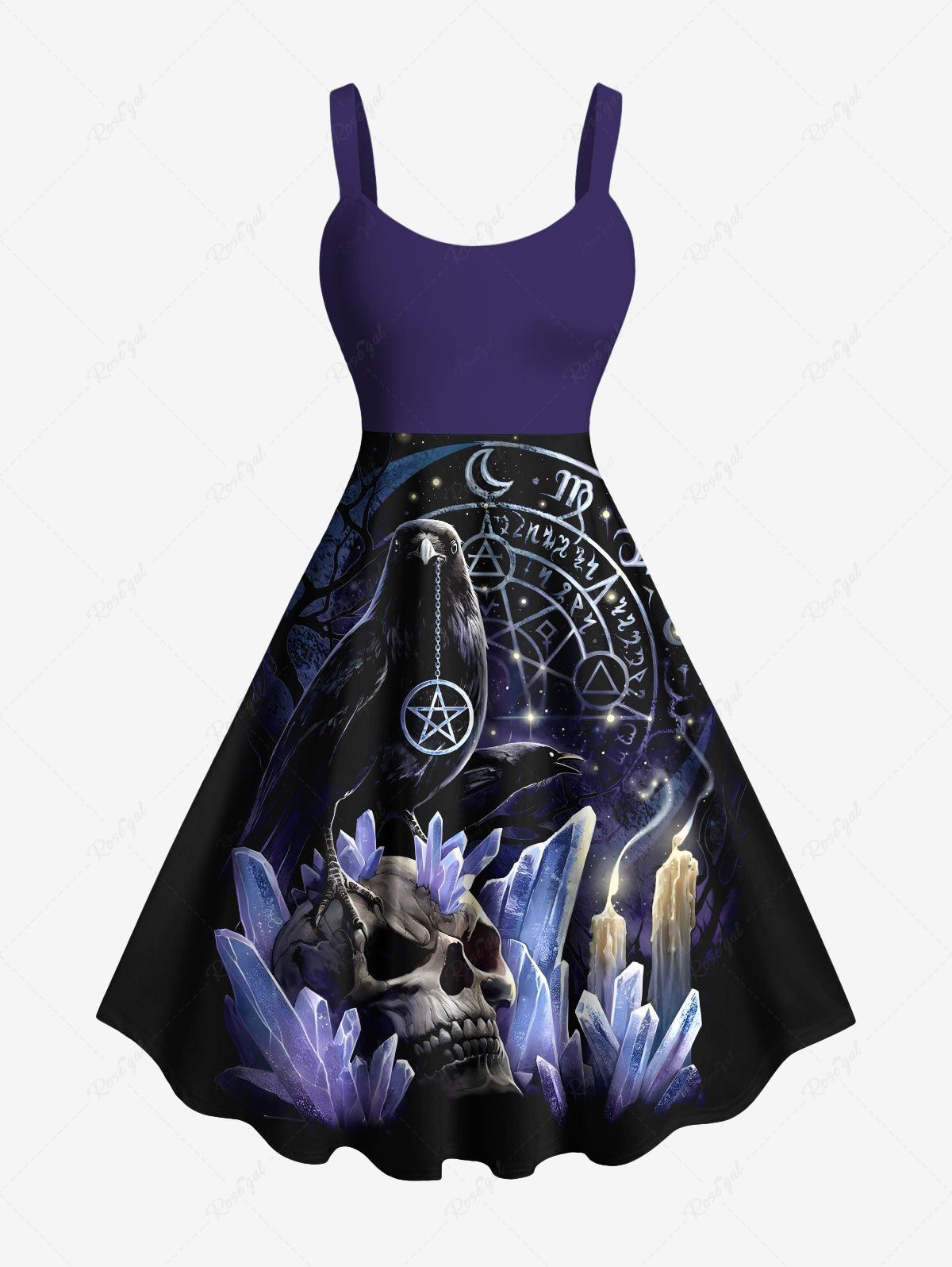 Buy Plus Size Skull Candle Crow Divination Galaxy Print A Line Tank Dress  
