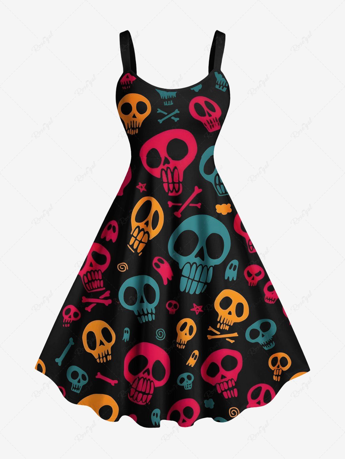 Latest Plus Size Skull Star Bone Print Halloween A Line Tank Dress  