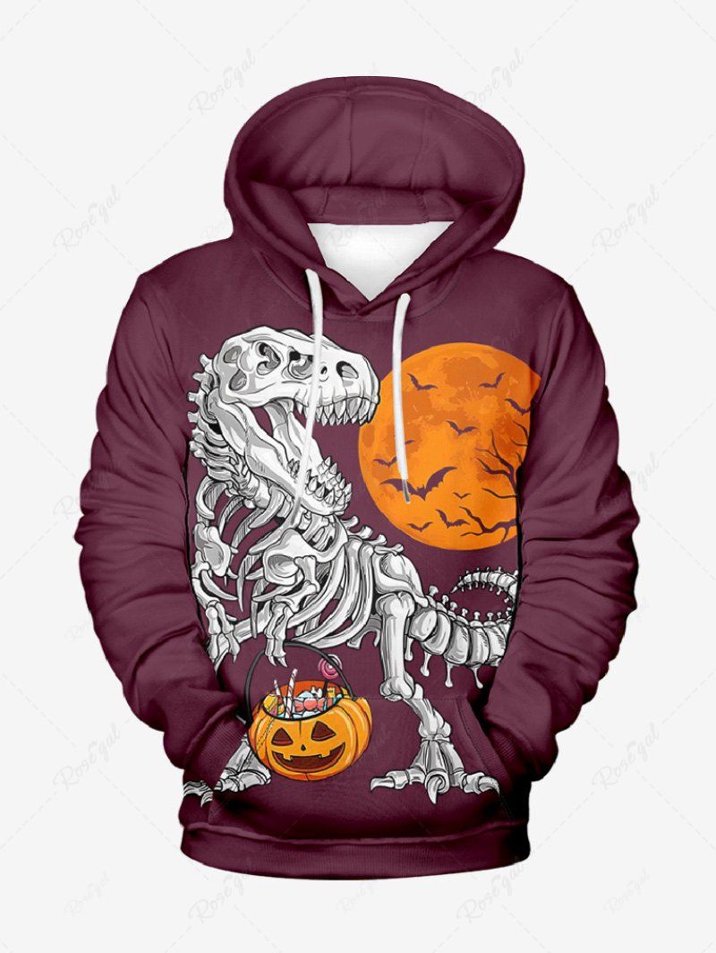 Sweat à capuche grande taille à manches longues pour homme, motif citrouille, dinosaure, squelette, lune, chauve-souris, arbre, Halloween Rouge foncé 5XL