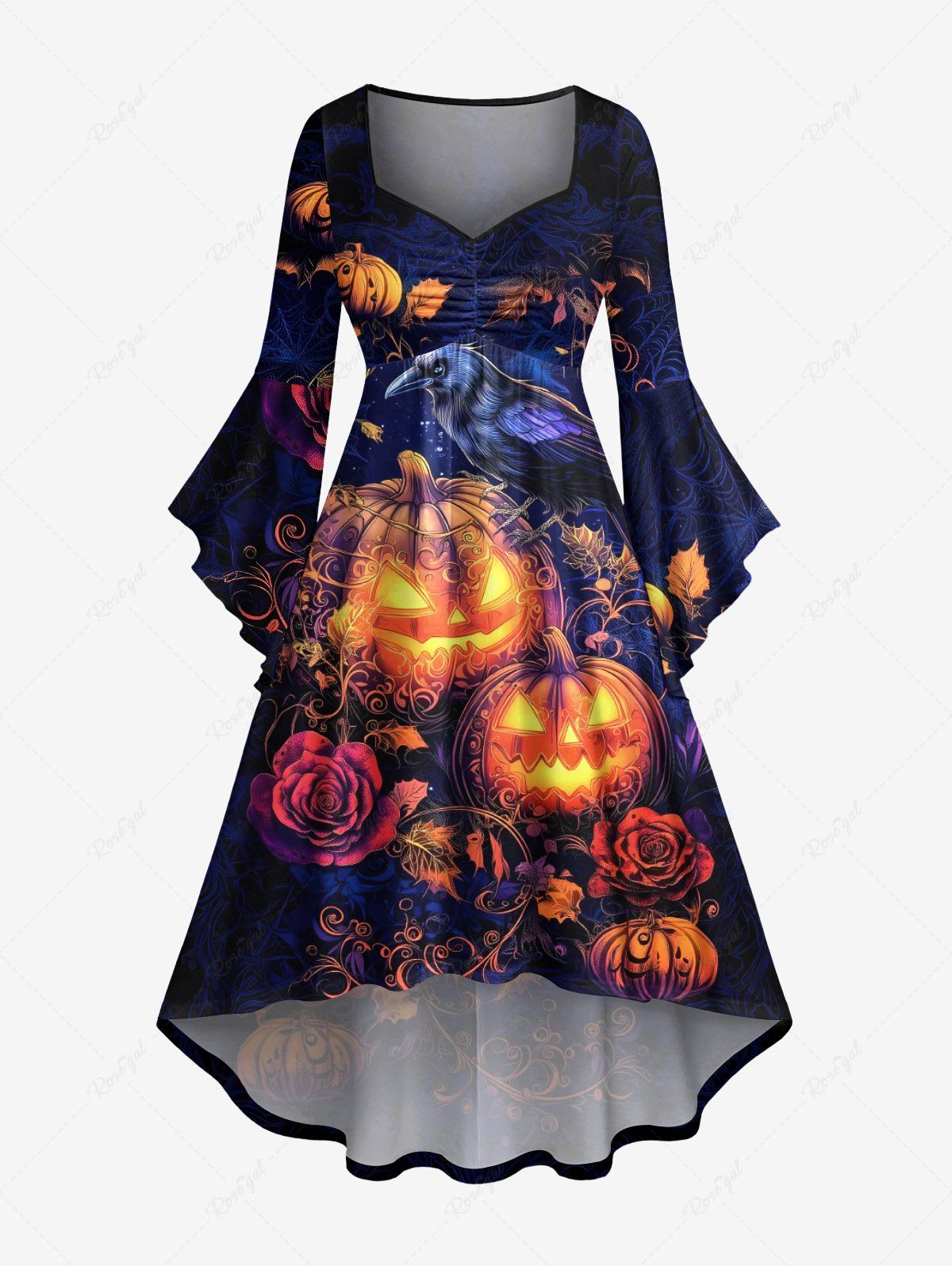 Discount Plus Size Pumpkin Lantern Crow Rose Flower Print Halloween Ruched High Low Asymmetric Dress  
