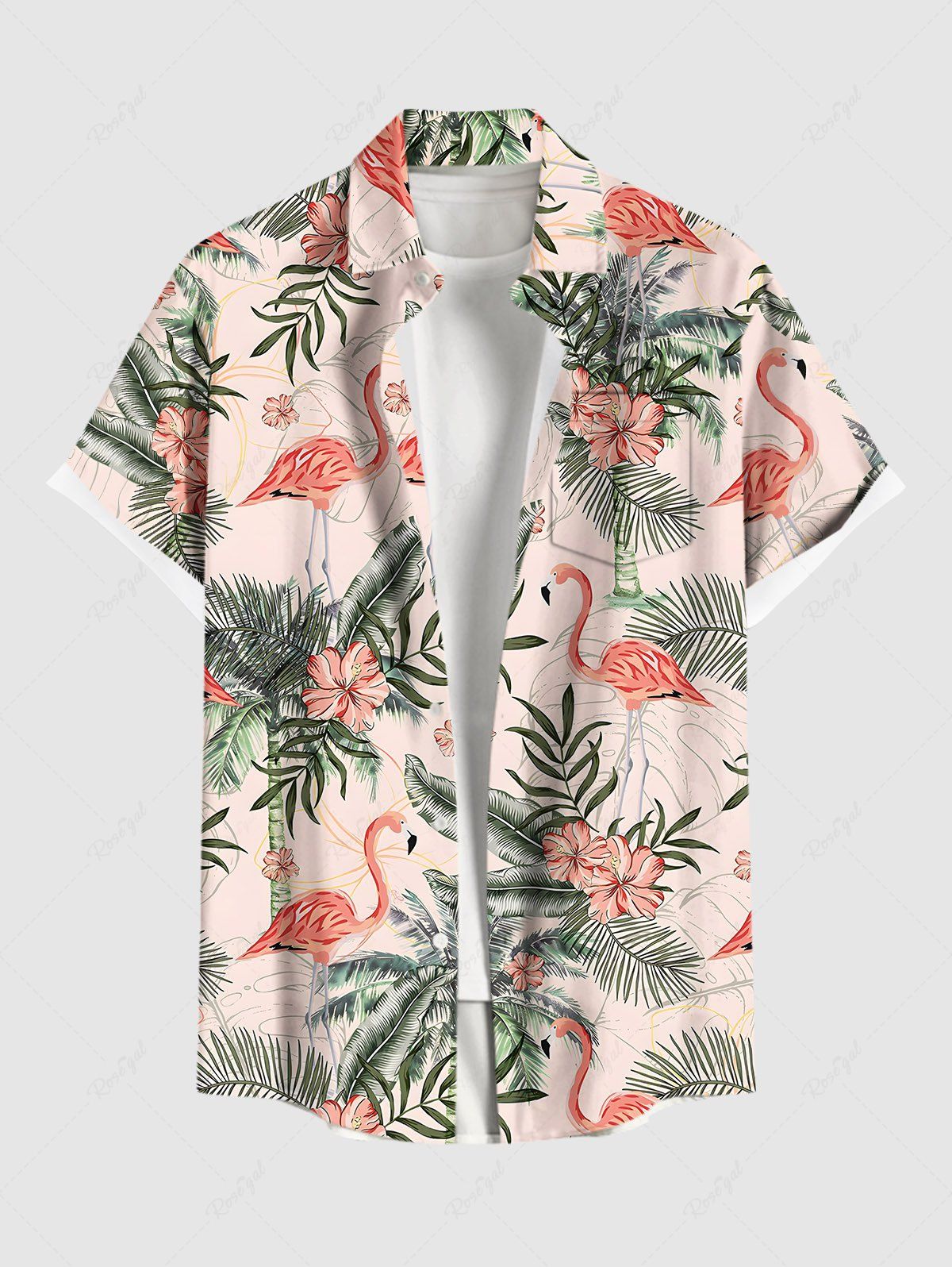 New Plus Size Flamingo Hibiscus Flowers Tropical Leaf Coconut Tree Print Buttons Pocket Hawaii Shirt For Men  