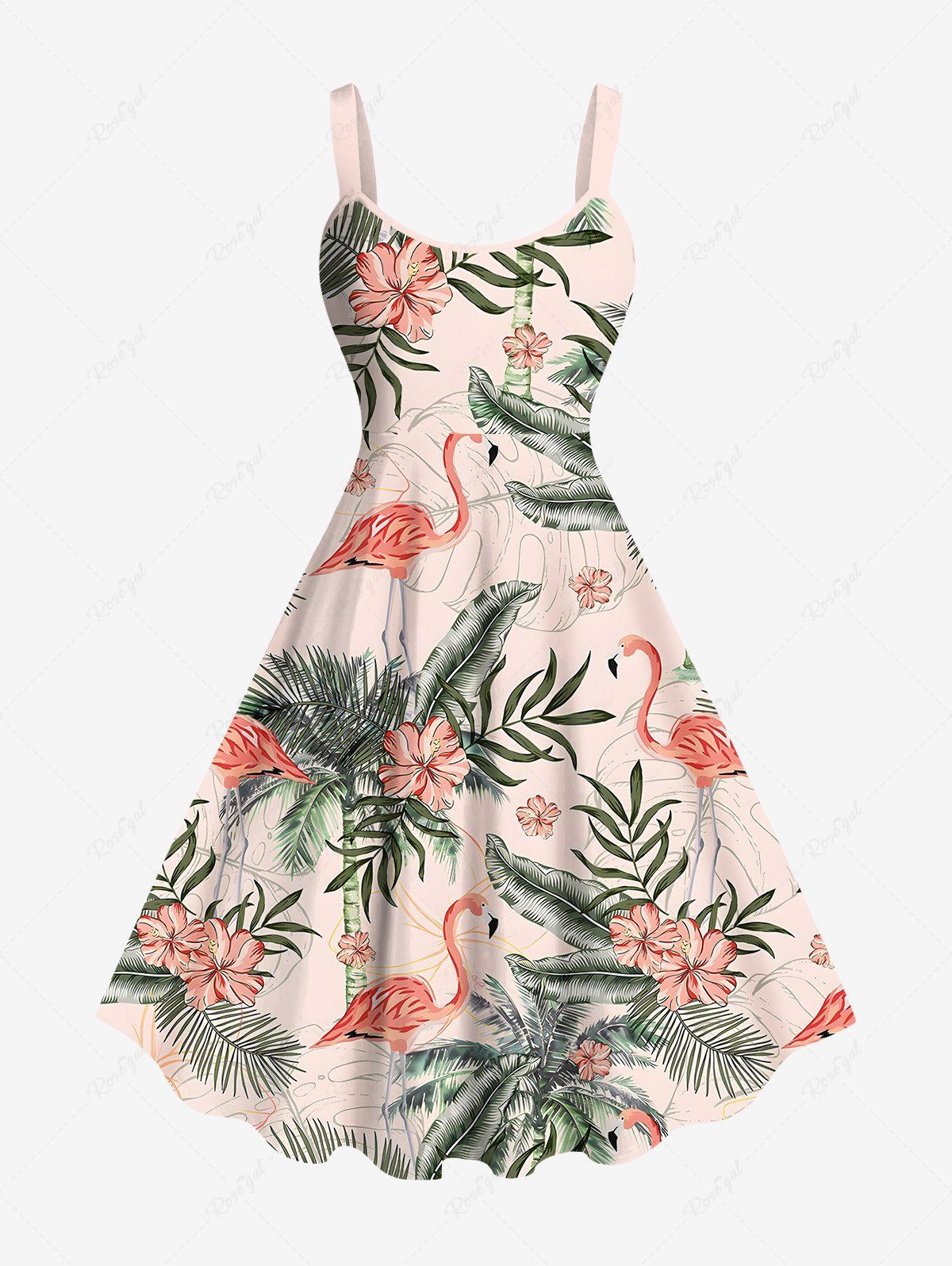 Chic Plus Size Flamingo Hibiscus Flowers Tropical Leaf Coconut Tree Print Hawaii Tank Dress  
