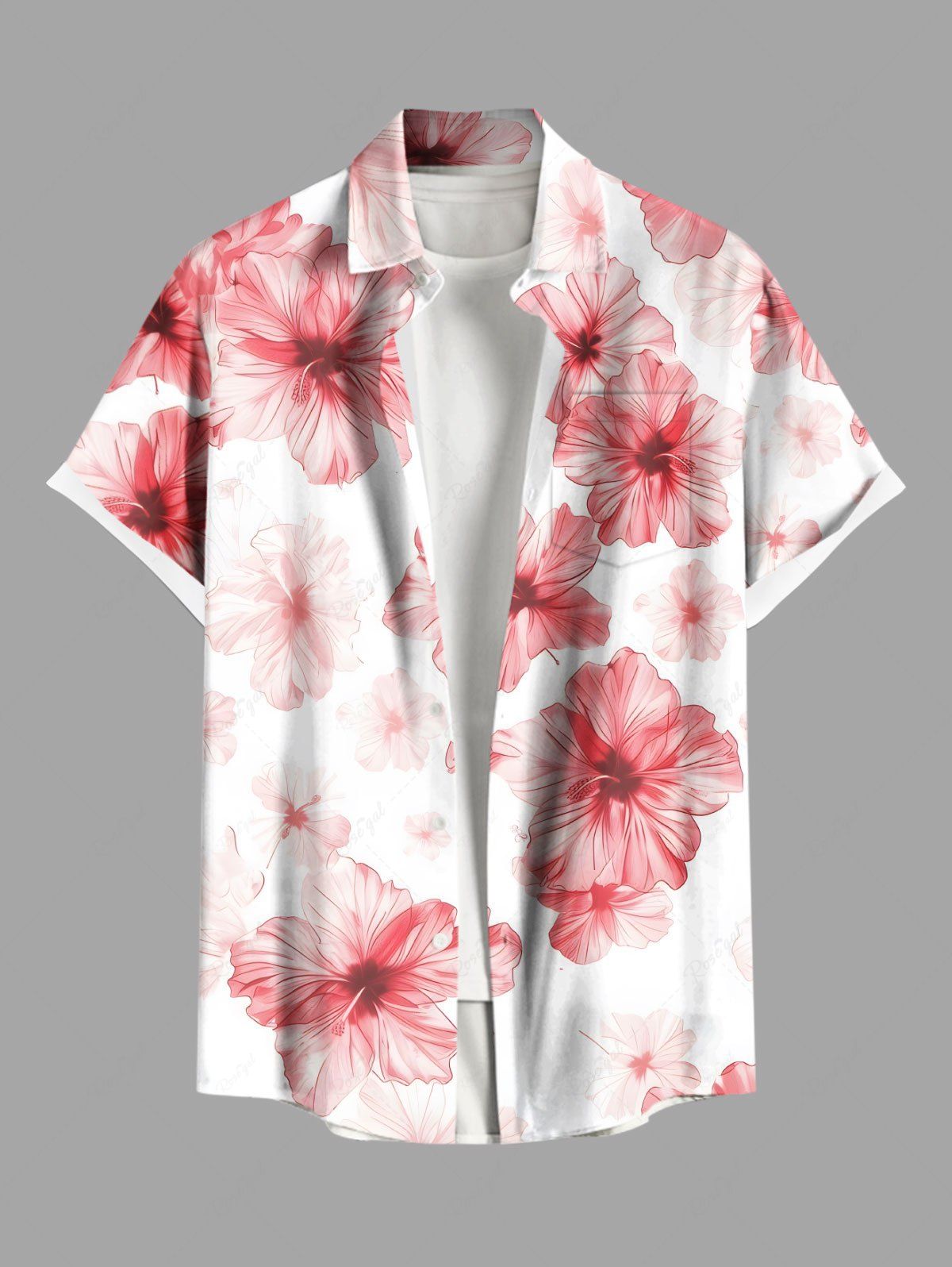 Latest Plus Size Hibiscus Flowers Print Buttons Pocket Hawaii Shirt For Men  
