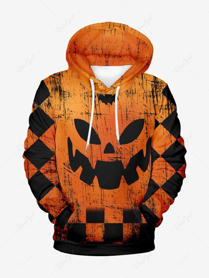 Chic Plus Size Halloween Pumpkin Plaid Checkered Print Drawstring Pockets Hoodie For Men  
