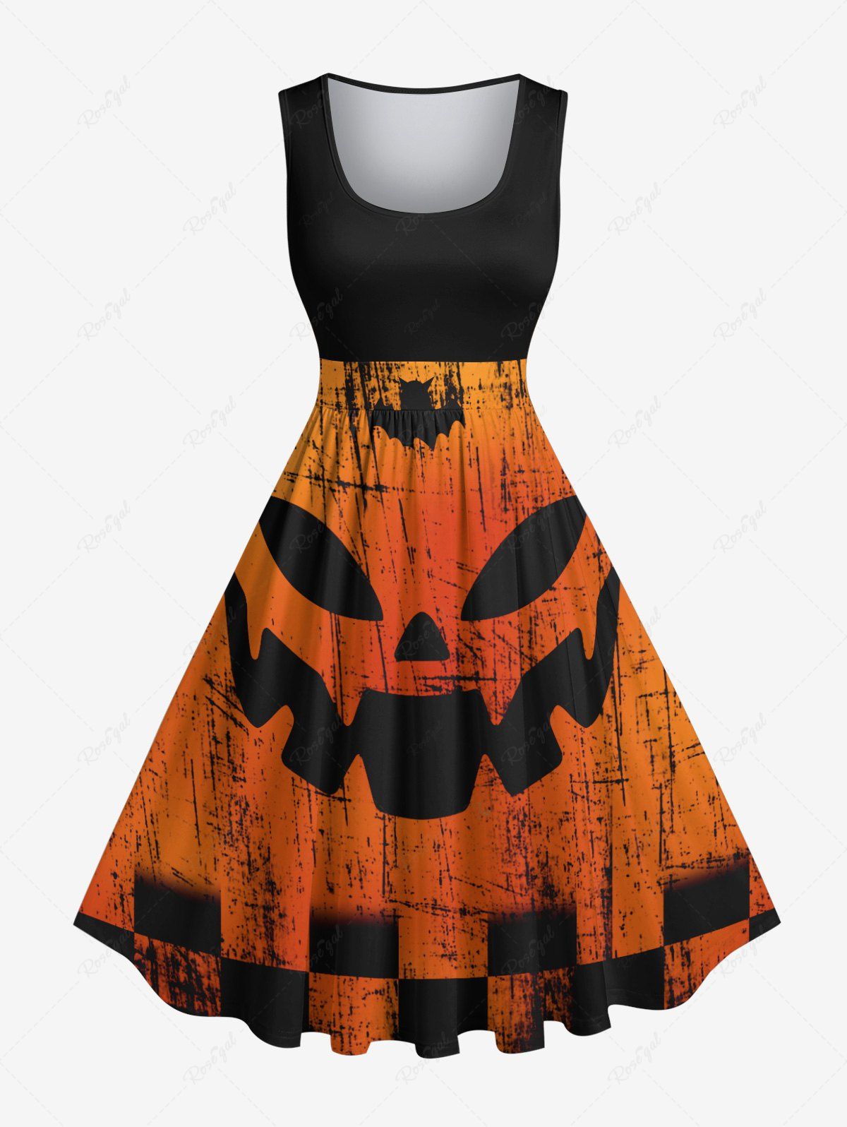 Fancy Plus Size Halloween Pumpkin Plaid Checkered Print 1950s Vintage Dress  