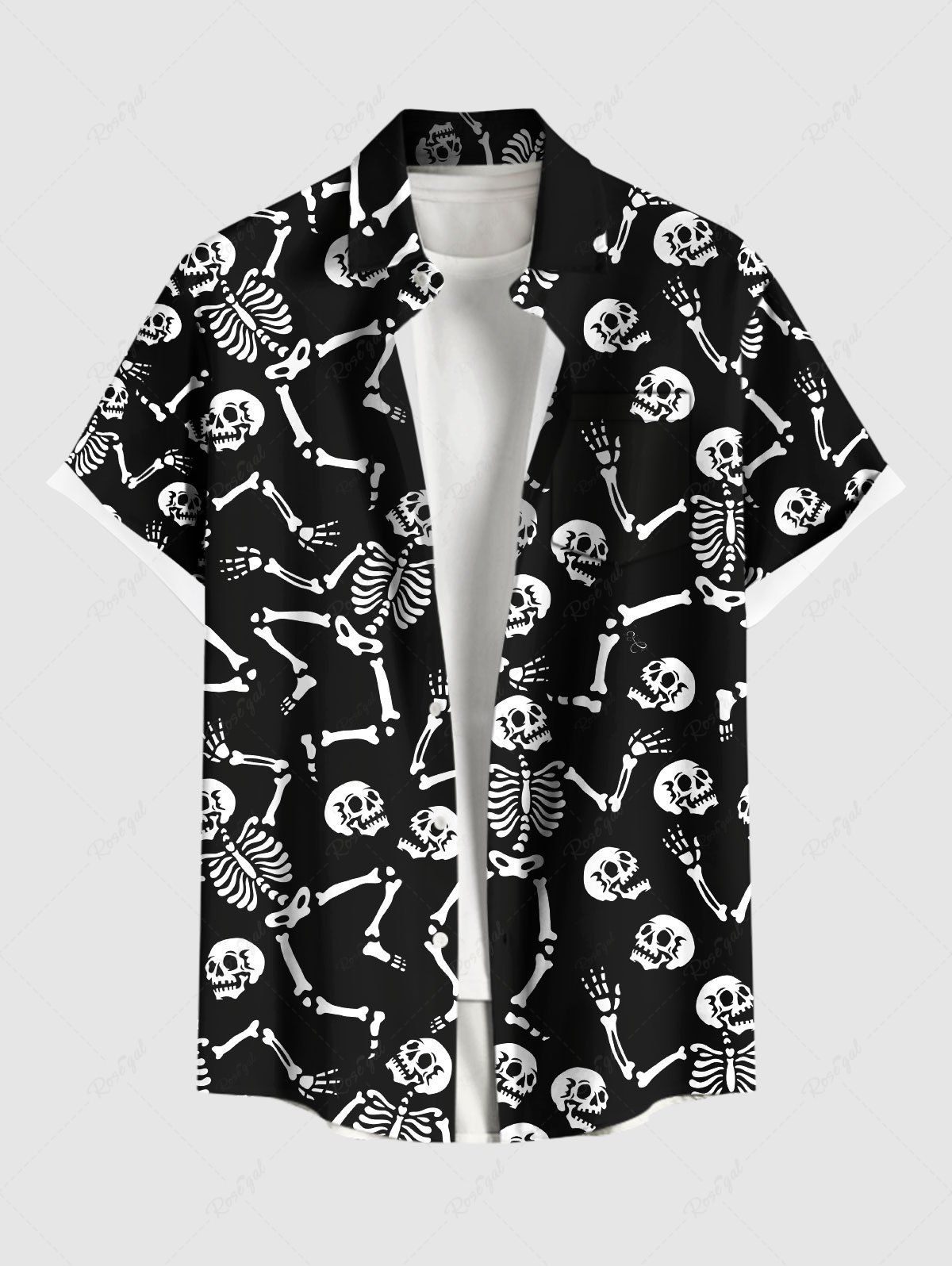 Outfit Plus Size Halloween Skeleton Skull Print Buttons Pocket Shirt For Men  