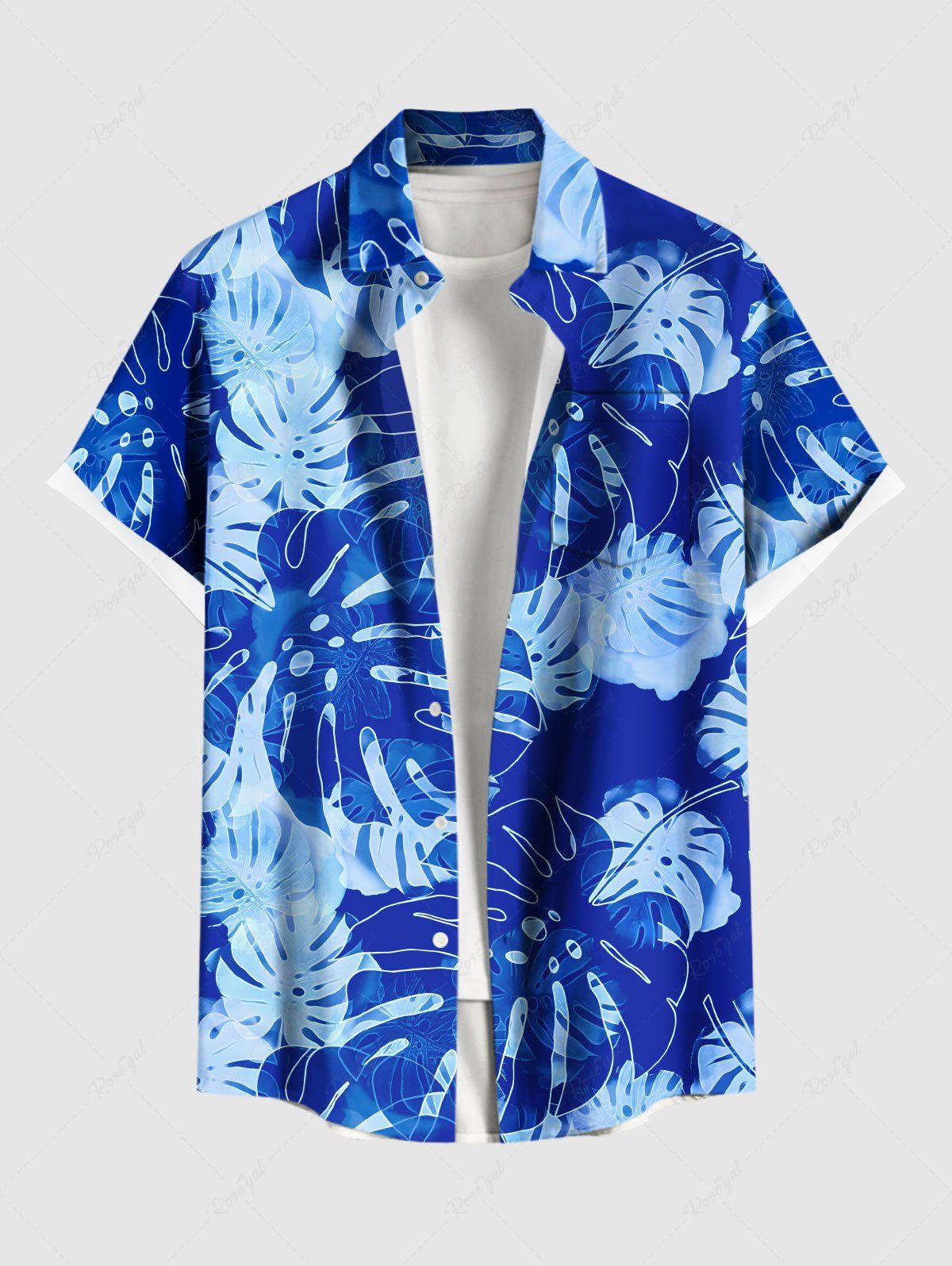 Chemise hawaïenne grande taille à imprimé feuilles tropicales et poches à boutons pour homme Bleu Ciel 5XL