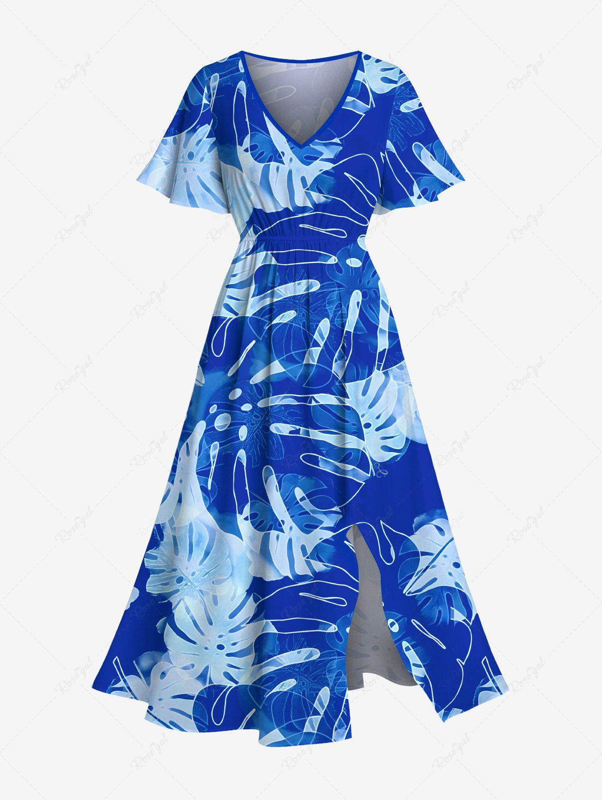 Robe mi-longue hawaïenne fendue à imprimé feuilles tropicales grande taille Bleu Ciel 6X