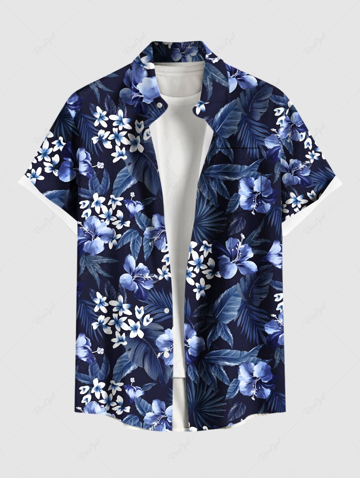 Chemise hawaïenne grande taille à imprimé tropical, fleurs et feuilles, avec poches et boutons, pour homme Bleu Marine XL