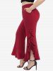 Jacquard Pointelle Hollow Out Two Tone Top and Lace Up Braided Flounce Solid Bootcut Pants Plus Size Outfit -  