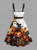 Plus Size Pumpkin Ghost Bat Maple Leaf Print Halloween Button A Line Dress with Removable Belt -  