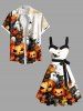 Plus Size Pumpkin Ghost Bat Maple Leaf Print Halloween Button A Line Dress with Removable Belt -  