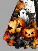 Plus Size Pumpkin Ghost Bat Maple Leaf Print Halloween Button A Line Dress with Removable Belt -  