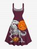 Plus Size Pumpkin Dinosaur Skeleton Moon Bat Tree Print Halloween Lace Up A Line Dress -  