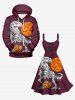 Plus Size Pumpkin Dinosaur Skeleton Moon Bat Tree Print Halloween Lace Up A Line Dress -  
