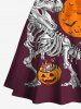 Plus Size Pumpkin Dinosaur Skeleton Moon Bat Tree Print Halloween Lace Up A Line Dress -  