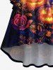 Plus Size Pumpkin Lantern Crow Rose Flower Print Halloween Ruched High Low Asymmetric Dress -  