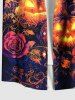 Plus Size Pumpkin Lantern Crow Rose Flower Print Halloween Button Pocket Shirt For Men -  