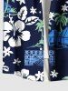 Chemise hawaïenne grande taille à imprimé ethnique avec poches boutonnées et motif cocotier et fleur d'hibiscus pour homme - Bleu Marine L