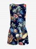 Plus Size Coconut Tree Hibiscus Flower Beer Conch Print Hawaii Drawstring Pocket Romper -  
