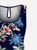 Plus Size Coconut Tree Hibiscus Flower Beer Conch Print Hawaii Drawstring Pocket Romper -  