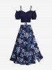 Jupe hawaïenne fendue à imprimé tropical et fleurs, grande taille - Bleu Marine XS