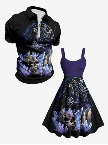 Skull Candle Crow Divination Galaxy Print Plus Size Matching Outfit For Couples - BLACK