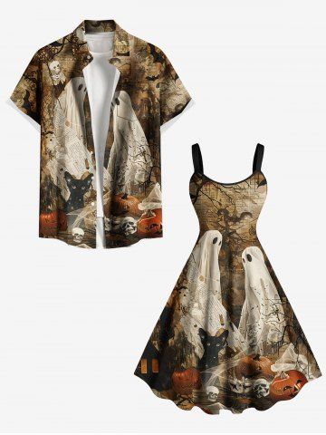 Halloween Skull Pumpkin Spider Web Cat Ghost Bat Distressed Newspaper Print Plus Size Matching Outfit For Couples - BROWN