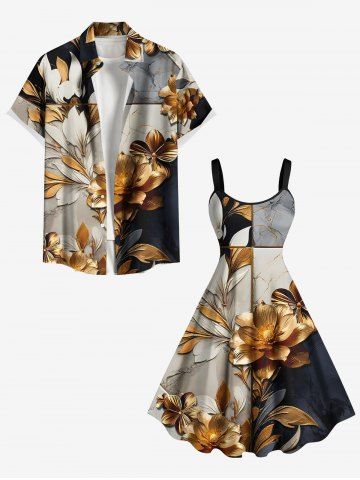 Flower Leaf Colorblock Print Plus Size Matching Hawaii Beach Outfit For Couples - GRAY