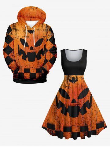 Halloween Pumpkin Plaid Checkered Print Plus Size Matching Outfit For Couples - ORANGE
