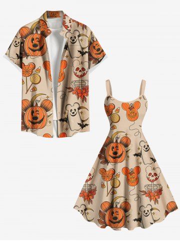 Halloween Pumpkin Balloon Candy Skeleton Flowers Print Plus Size Matching Outfit For Couples - ORANGE