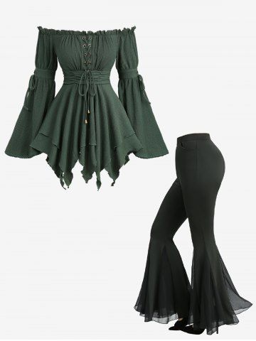 Lace Up Ruffles Flare Sleeve Off The Shoulder Top and Sheer Mesh Patchwork Flare Pants Plus Size Outfit - DEEP GREEN