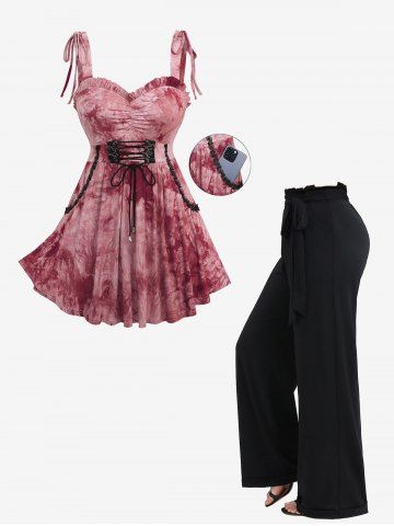 Tie Dye Print Lace Up Tank Top and Ruffles Waist Wide Leg Pants Plus Size Outfit - LIGHT PINK