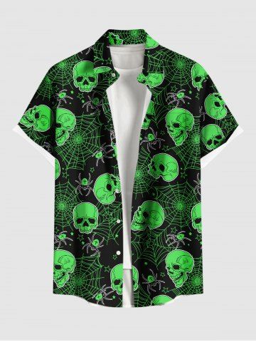 Plus Size Halloween Skulls Spider Web Star Print Buttons Pocket Shirt For Men - BLACK - S