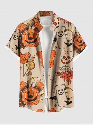 Plus Size Halloween Pumpkin Balloon Candy Skeleton Flowers Print Buttons Pocket Shirt For Men - APRICOT - S