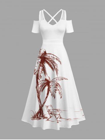 Plus Size Coconut Tree Chair Print Cold Shoulder Crisscross Hawaii Maxi Dress - WHITE - 4X