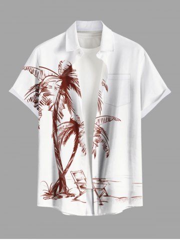 Plus Size Coconut Tree Chair Print Buttons Pocket Hawaii Shirt For Men - WHITE - XL