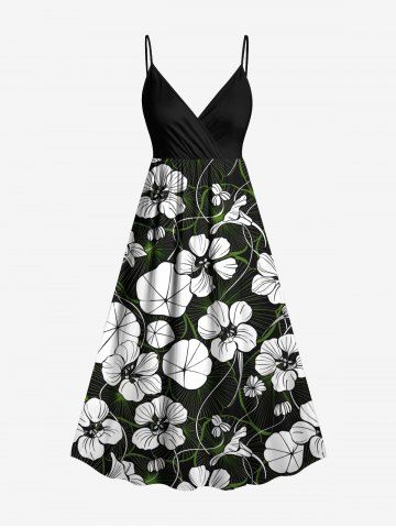 Plus Size Flowers Leaf Print Surplice Hawaii Cami Dress - BLACK - S
