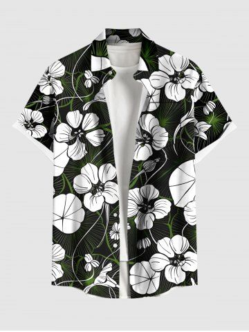 Plus Size Flowers Leaf Print Buttons Pocket Hawaii Shirt For Men - BLACK - M