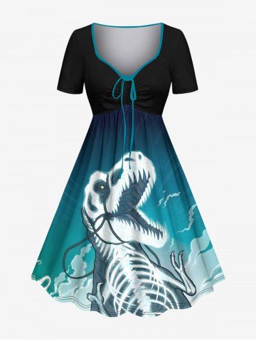 Plus Size Dinosaur Skeleton Ombre Sky Print Halloween Cinched A Line Dress - BLACK - XXS