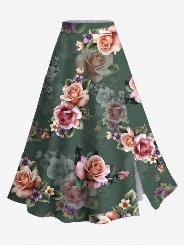 Plus Size Ombre Flower Leaf Print Hawaii Split A Line Skirt - GREEN - S