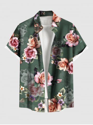 Plus Size Ombre Flower Leaf Print Hawaii Button Pocket Shirt For Men - GREEN - 6XL