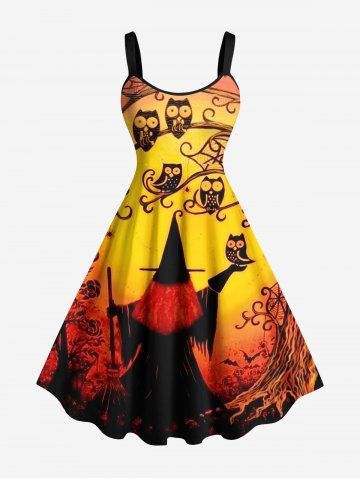 Plus Size Halloween Hat Wizard Owl Bat Spider Web Print Tank Dress - YELLOW - L