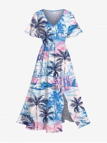Plus Size Coconut Tree Tropical Leaf Print Split Hawaii Midi Dress - SKY BLUE - XS
