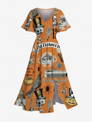 Plus Size Halloween Pumpkin Skull Owl Spider Web Butterfly Clock Eagle Print Split Midi Dress - ORANGE - XXS