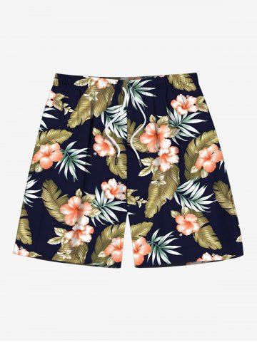 Plus Size Tropical Leaf Hibiscus Flower Print Hawaii Drawstring Beach Shorts For Men - BLACK - XL