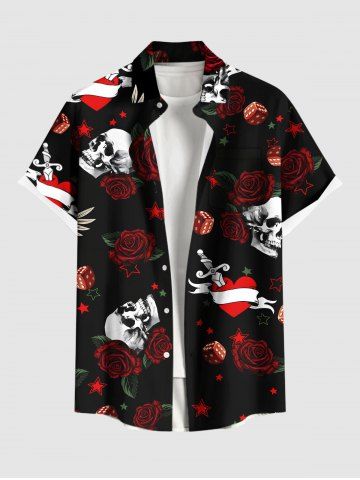 Plus Size Skull Rose Flower Heart Sword Print Halloween Button Pocket Shirt For Men - BLACK - 5XL